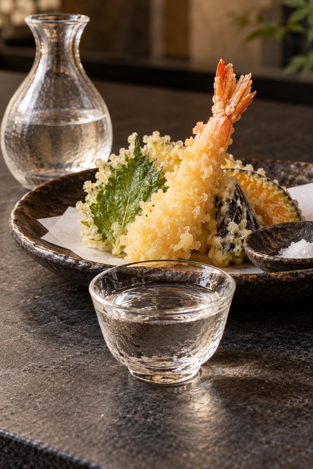 塩でいただく天ぷらと、冷酒